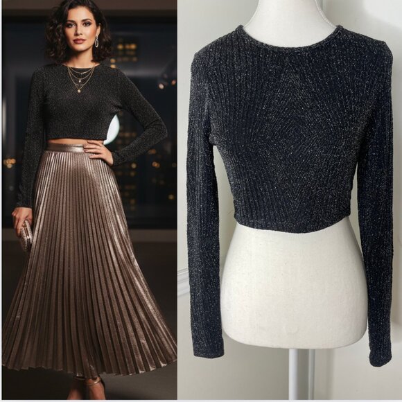 QED London Cropped Sparkle Black Blouse S - Picture 1 of 11